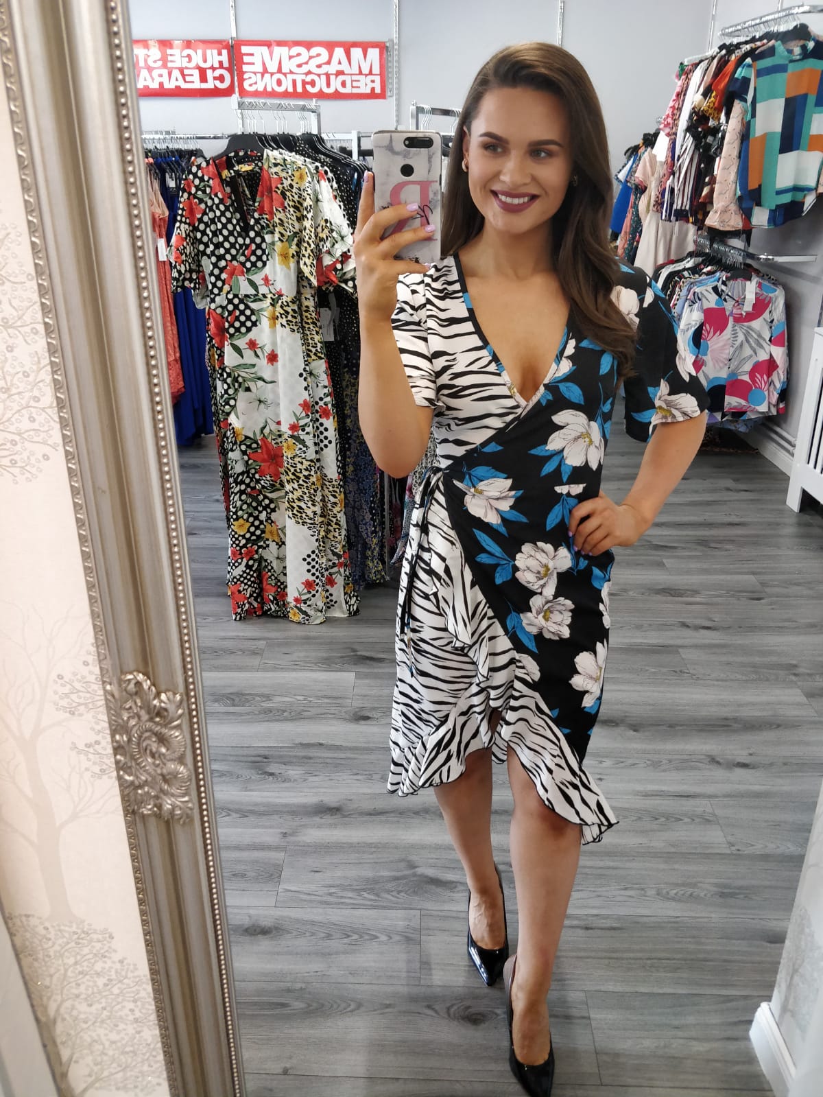 Vivan Floral And Zebra Print Wrap Frill Hem Midi dress